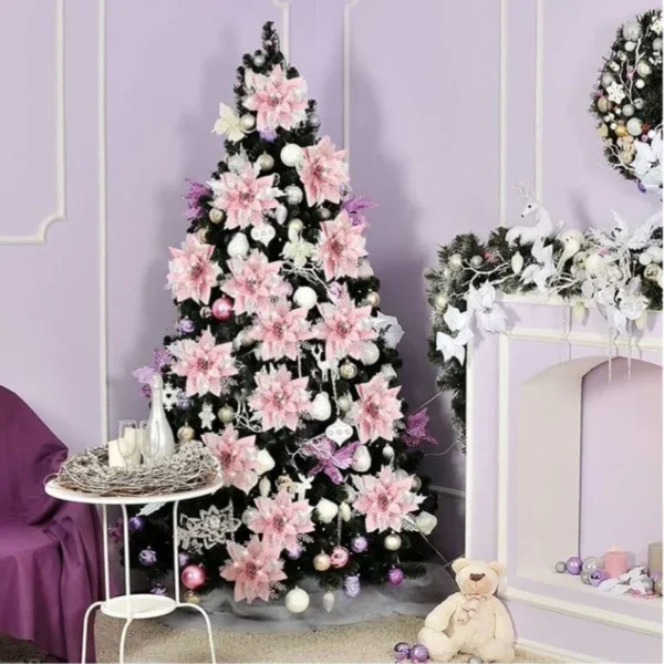 5pcs 14.5cm Glitter Artifical Christmas Flowers Mreey Christmas Tree Decoration Happy New Year Ornaments Xmas Fake Flowers natal 2
