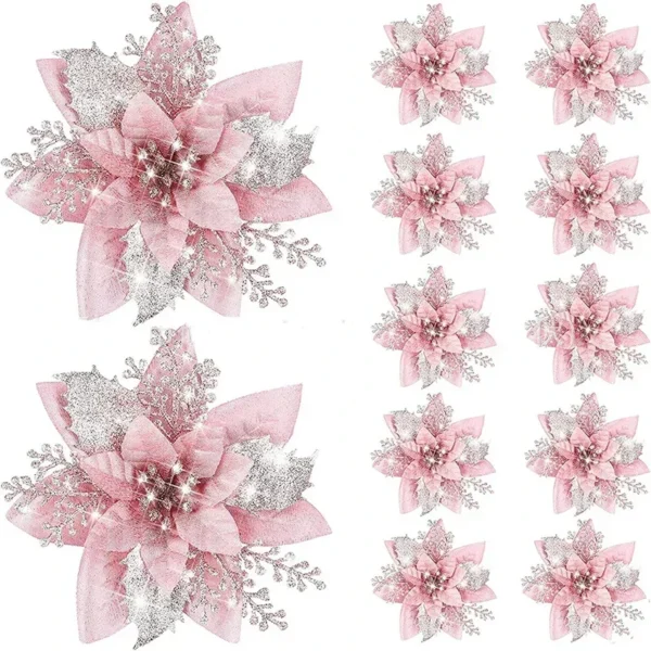 5pcs 14.5cm Glitter Artifical Christmas Flowers Mreey Christmas Tree Decoration Happy New Year Ornaments Xmas Fake Flowers natal 1