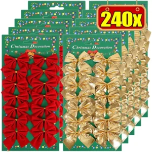 240/12PCS Mini Christmas Bow Ornaments Red Gold Xmas Tree Hanging Pendant DIY Craft New Year Home Party Decoration Bowknot Gifts 1