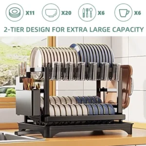 2-Tier Dish Drying Rack with Cutlery Holder, Carbon Steel & Plastic 1