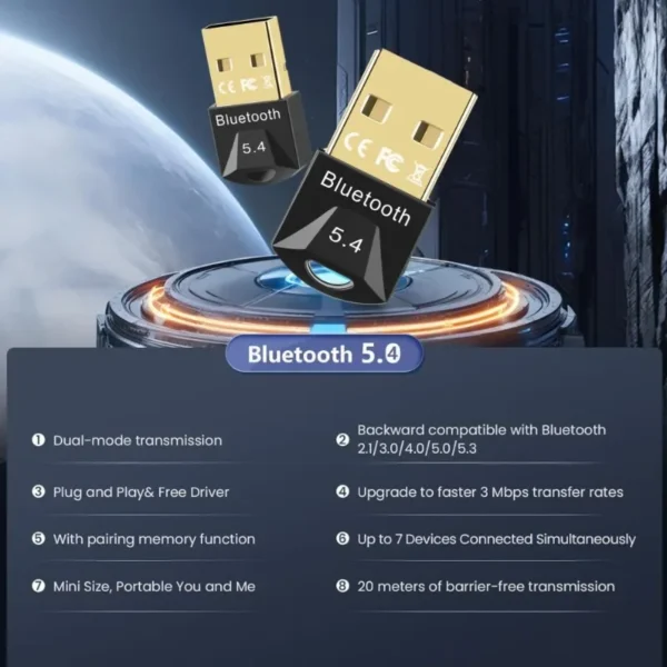 USB Bluetooth Adapter for Pc Bluetooth 5.4/ 5.3/ 5.1/ 5.0 Dongle 5