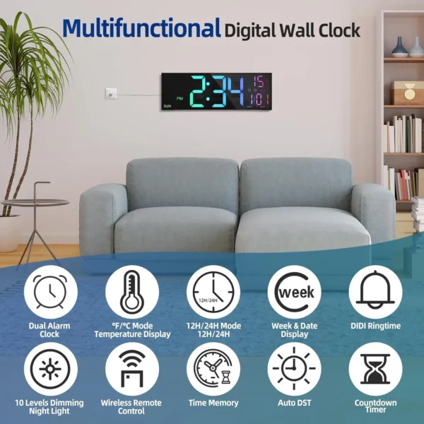 16.2'' Large Digital Wall Clock with Remote Control Big LED/Dual Alarm/8 RGB 6