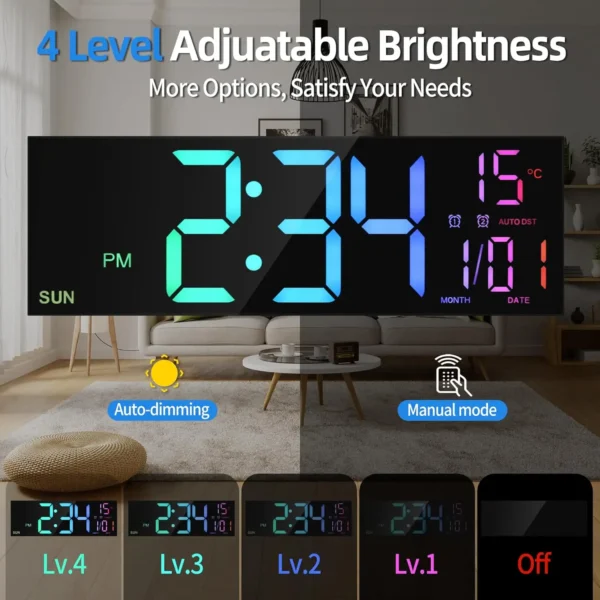 16.2'' Large Digital Wall Clock with Remote Control Big LED/Dual Alarm/8 RGB 4