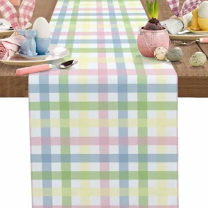 Easter Colorful Stripes Plaid Checkered Linen Table Runner Dresser Scarf Reusable Kitchen Dining Table Runner Easter Decorations 1