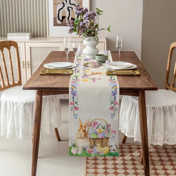 Linen Easter Table Runner Cute Bunny Dining Table Cloth 4