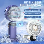 Portable Handheld Mini Fan Foldable Neck Hanging Fans 5 Speed USB Rechargeable Fan with Phone Stand and Display Screen 1800mAh 1
